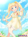  1girl :d blonde_hair blue_eyes blurry braid breasts casual cleavage depth_of_field dress field flower flower_field hair_ornament jewelry long_hair looking_at_viewer necklace open_mouth original reaching single_braid sky smile solo sparkle twintails usashiro_mani yellow_dress 