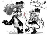  2girls ascot boots bow braid chibi coin english fang flandre_scarlet hair_bow hat hong_meiling jewelry long_hair monochrome multiple_girls pants ribbon short_hair side_ponytail smile spot_color tail touhou twin_braids wings yt_(wai-tei) 