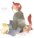  1girl animal_ears cat cat_day cat_ears cat_tail dated free! from_behind looking_back male matsuoka_rin red_eyes redhead short_hair tail tame 