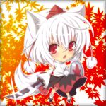  1girl animal_ears autumn_leaves bare_shoulders chibi detached_sleeves geta hat inubashiri_momiji leaf leaf_background looking_at_viewer open_mouth pom_pom_(clothes) red_eyes shield short_hair silver_hair solo sword tail tokin_hat touhou weapon wolf_ears wolf_tail 