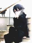  1boy black_cat black_eyes black_hair cat coat kirito male short_hair snow stairs sword_art_online tsukimori_usako 