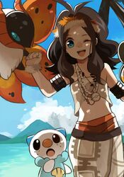  1girl amarisu bare_shoulders blue_eyes blue_sky brown_hair bug headband jewelry long_hair midriff one_eye_closed open_mouth oshawott pendant pokemon pokemon_(creature) pokemon_(game) pokemon_bw seaside sky smile touko_(pokemon) volcarona 