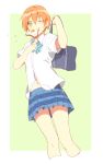  1girl bag food_in_mouth hoshizora_rin karuha love_live!_school_idol_project mouth_hold one_eye_closed orange_hair shirt short_hair skirt solo standing toast toast_in_mouth white_shirt yellow_eyes 