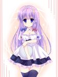  1girl alternate_costume black_legwear blue_eyes bow breasts cleavage crescent_hair_ornament hair_bow hair_ornament hair_ribbon highres holding kuze_matsuri long_hair looking_at_viewer maid maid_headdress patchouli_knowledge purple_hair ribbon solo thigh-highs touhou tray zettai_ryouiki 