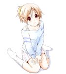  1girl brown_eyes brown_hair dresstrip hirasawa_ui k-on! short_hair sitting socks sweater wariza 