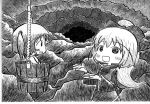  2girls bow bucket cave dress hair_bobbles hair_bow hair_ornament in_bucket in_container kisume kurodani_yamame monochrome multiple_girls nib_pen_(medium) open_mouth ponytail ribbon short_hair smile soyanrai touhou traditional_media twintails 