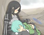  1boy 1girl aqua_hair black_eyes black_hair blue_hair blush fingerless_gloves gloves hair_ornament jza80 kirito kirito_(sao-ggo) long_hair scarf shinon_(sao) short_hair sleeping sword_art_online trap 