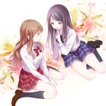  2girls :d arm_support black_legwear brown_eyes brown_hair finger_to_mouth flower long_hair looking_at_another multiple_girls open_mouth original plaid plaid_skirt pleated_skirt school_uniform shoes sitting skirt smile yatomi 