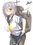  1girl black_legwear blue_eyes blush breasts cowboy_shot gloves hair_over_one_eye hamakaze_(kantai_collection) kantai_collection looking_at_viewer machinery mtu_(orewamuzituda) pantyhose school_uniform serafuku short_hair signature silver_hair sketch solo sweatdrop white_background white_gloves 