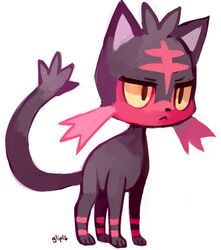  cat creature full_body gen_7_pokemon glitchedpuppet highres image_sample litten no_humans pokemon pokemon_(creature) serious simple_background solo standing tumblr_sample white_background yellow_eyes 