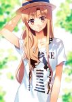  1girl asuna_(sao) brown_eyes brown_hair casual female hat hoshi_ichi long_hair smile solo sword_art_online t-shirt yuuki_asuna 