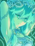  1girl armpits arms_up breasts bust ceres_(p&amp;d) choker cleavage collarbone green_background green_eyes green_hair hair_tubes ishiyumi long_hair puzzle_&amp;_dragons solo spikes teal thorns tiara vines 