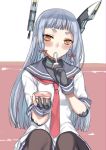 1girl blue_hair deras eating fingerless_gloves food gloves hair_ribbon headgear ice_cream kantai_collection long_hair looking_at_viewer murakumo_(kantai_collection) orange_eyes pantyhose ribbon short_eyebrows sitting solo spoon_in_mouth 