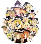  1girl :d absurdres animal_ears blonde_hair book bow braid brown_eyes cat_ears choco_ice dress egg hat hat_bow highres kirisame_marisa long_hair multiple_girls multiple_persona o_o open_mouth pastry pastry_bag ribbon skirt smile teapot yellow_eyes 