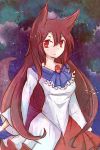  1girl animal_ears breasts brooch brown_hair dress forest imaizumi_kagerou jewelry long_hair long_sleeves looking_at_viewer nature red_eyes satorichan sky solo star star_(sky) starry_sky tail touhou wolf_ears wolf_tail 