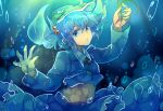  1girl blue_eyes blue_hair hair_bobbles hair_ornament hat kawashiro_nitori looking_at_viewer navel open_mouth sketch solo submerged touhou twintails underwater yetworldview_kaze 
