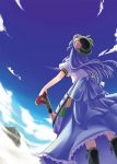 1girl back blue_hair clouds food from_behind fruit hat hinanawi_tenshi leaf long_hair looking_up mikagami_hiyori peach skirt sky solo sword sword_of_hisou touhou weapon wind