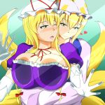  2girls against_glass blonde_hair blush breast_press breasts fox_tail hat hat_ribbon heart highres hug hug_from_behind lactone large_breasts long_hair multiple_girls multiple_tails open_mouth ribbon short_hair smile tail touhou yakumo_ran yakumo_yukari yellow_eyes yuri 