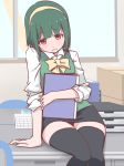  1girl arm_support desk ekusiregaia green_hair hairband idolmaster looking_at_viewer office_lady open_mouth otonashi_kotori red_eyes ribbon short_hair sitting sitting_on_desk solo thigh-highs 