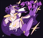  1girl blue_eyes boots cape fusion genderswap hat jojo_no_kimyou_na_bouken kuujou_joutarou leotard long_hair mikannu pauldrons purple_hair solo stand_(jojo) star_platinum 