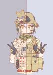  1girl blush_stickers brown_eyes bust camouflage comparison double_v headset helmet load_bearing_vest looking_at_viewer magazine_(weapon) military nightmaremk2 original scarf solo v 
