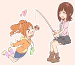  &gt;_&lt; 2girls amami_haruka brown_hair closed_eyes cookie ekusiregaia fishing fishing_rod food hair_ribbon heart idolmaster jumping multiple_girls open_mouth orange_hair ribbon takatsuki_yayoi twintails 