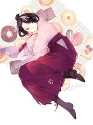  1girl black_hair cookie dai_gyakuten_saiban doughnut food grey_eyes gyakuten_saiban japanese_clothes kimono macaron mikotoba_susato niian pantyhose short_hair solo sweets 