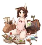  1girl amonitto animal_ears bag bare_arms bare_shoulders book brown_eyes brown_hair cat_ears cat_tail chemise collarbone erlenmeyer_flask eyeball gym_shorts hair_ornament hairclip hands open_book original panties scroll sitting smile solo tail underwear wariza white_panties 