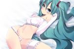  1girl aqua_eyes aqua_hair blush elbow_gloves gloves hatsune_miku leg_garter long_hair looking_at_viewer lying on_back panties pon_(shind_997) smile solo twintails underwear very_long_hair vocaloid 