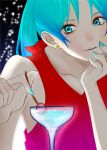  1girl absurdres blue_eyes blue_hair cherry dress drink earrings food fruit hatsune_miku highres jewelry looking_at_viewer nail_polish solo star tatsuya_1988 vocaloid 