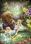  2girls blonde_hair blue_eyes dress flower lion long_hair miyai_haruki multiple_girls original scenery wisteria 