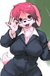  1girl breasts furry glasses kikurage_(crayon_arts) large_breasts looking_at_viewer open_mouth semi-rimless_glasses smile solo tail under-rim_glasses 