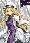  1girl blonde_hair dress eyes gap highres long_hair mob_cap smile tabard touhou wide_sleeves yakumo_yukari yellow_eyes zeikomi 