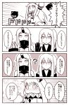  4koma :&gt; ? aircraft_carrier_oni blush claws comic detached_sleeves dress flying_sweatdrops gauntlets horn horns kantai_collection koketsu_(koketsu-ya) long_hair mittens northern_ocean_hime open_mouth seaport_hime shinkaisei-kan side_ponytail smile translated 