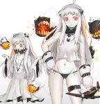  2girls age_switch ahoge airplane black_panties breasts cleavage hand_on_hip height_difference horns kakekcaboel kantai_collection long_hair looking_at_viewer machinery midway_hime mittens multiple_girls navel northern_ocean_hime older panties red_eyes shinkaisei-kan side-tie_panties smile underwear white_skin younger 