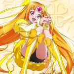  1girl :d bubble_skirt cure_muse_(yellow) haruyama_kazunori heart long_hair magical_girl open_mouth orange_hair panties precure shirabe_ako smile solo suite_precure twintails underwear very_long_hair violet_eyes 