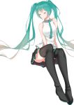  1girl boots closed_eyes green_hair hatsune_miku highres long_hair necktie simple_background sitting skirt solo thigh-highs thigh_boots twintails u.n.k. very_long_hair vocaloid white_background 