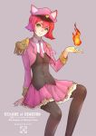  1girl animal_ears annie_hastur fire green_eyes hat highres league_of_legends looking_at_viewer magic necktie parted_lips pink_hair saramande sitting solo teenage thigh-highs 
