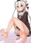 1girl amatsukaze_(kantai_collection) barefoot brown_eyes feet kantai_collection legs long_hair long_sleeves school_uniform serafuku silver_hair single_glove sitting skirt soles solo sweater toes twintails two_side_up 