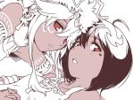  2girls ahoge ankh armlet bare_shoulders black_hair bodypaint collarbone dark_skin egyptian facial_mark fur_trim headdress headpiece ishiyumi ishtar_(puzzle_&amp;_dragons) jewelry long_hair looking_at_viewer multiple_girls open_mouth puzzle_&amp;_dragons red_eyes short_hair sopdet_(p&amp;d) white_hair 