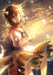  1girl 3000_xiao_chun absurdres black_hair bracelet clouds cloudy_sky highres horns jewelry kijin_seija multicolored_hair one_eye_closed print_dress puffy_short_sleeves puffy_sleeves red_eyes sash scenery short_sleeves sky solo streaked_hair sunset touhou 