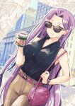  1girl alternate_costume amato_nagi black_shirt breasts buttons city coffee_cup cup disposable_cup dutch_angle fate_(series) forehead hand_up highres holding holding_cup long_hair looking_at_viewer medusa_(fate) medusa_(rider)_(fate) purple_hair shirt sleeveless sleeveless_shirt solo sunglasses very_long_hair violet_eyes 