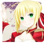  1girl ahoge blonde_hair breasts dress epaulettes fate/extra fate_(series) flower green_eyes lowres red_dress saber_extra solo tsumikino 