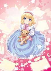  1girl alice_margatroid blonde_hair blue_eyes book candy dress hairband hands_clasped heart knife lolita_hairband mikagami_hiyori moon pocket_watch ribbon short_hair sitting solo star stuffed_animal stuffed_toy teddy_bear touhou watch 