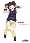  1girl :d \m/ bare_shoulders black_hair blush bow character_name closed_eyes cosplay double_\m/ hair_bow headband hoodie infinote live_a_live love_live!_school_idol_project nico_nico_nii open_mouth short_hair smile solo takahara_masaru takahara_masaru_(cosplay) twintails yazawa_nico 