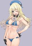  1girl atago_(kantai_collection) bikini black_gloves blonde_hair blue_eyes breasts gloves grey_background hat kantai_collection long_hair looking_at_viewer matsuryuu open_mouth side-tie_bikini simple_background solo swimsuit wink 