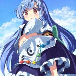  1girl arms_behind_back blue_hair clouds from_below hinanawi_tenshi long_hair looking_down navel no_hat oimonocake open_mouth pointy_ears puffy_short_sleeves puffy_sleeves red_eyes shirt short_sleeves skirt skirt_set sky solo touhou very_long_hair white_shirt 