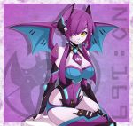  1girl bare_shoulders bat_ears bat_girl bat_wings breasts bridal_gauntlets cleavage crobat eyeliner hair_over_one_eye highres large_breasts long_hair low_twintails makeup multicolored_eyes personification pokemon purple_hair red_eyes sitting smile solo spikewible twintails wings yellow_eyes 