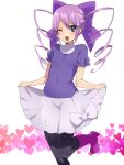  1girl black_legwear blue_eyes blush boots bow character_request hair_bow hiuna_hayami long_hair one_eye_closed open_mouth personification purple_hair skirt skirt_lift smile solo tamagochi twintails two_side_up 