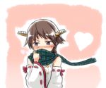  1girl bare_shoulders blush brown_hair commentary_request covering_mouth detached_sleeves engiyoshi hair_ornament hairband hiei_(kantai_collection) japanese_clothes kantai_collection nontraditional_miko plaid plaid_scarf ribbon-trimmed_sleeves ribbon_trim scarf short_hair solo violet_eyes 